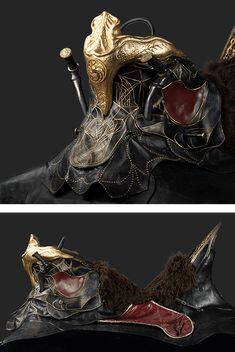 two images of an animal's head with gold and black leather coverings on it