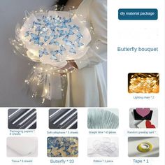 a woman holding a bouquet with blue and white flowers on it, surrounded by other items