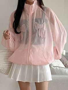 Women's Zipper Bow Design Long Sleeve Mesh Elegant Soft Jacket Pink Casual  Long Sleeve Organza Plain Other Non-Stretch  Women Clothing, size features are:Bust: ,Length: ,Sleeve Length: Pink Harajuku, Pink Flowy Top, Damsel In This Dress, Korean Fits, Girly Fits, Shein Jackets, Swedish Fashion, Ruffle Jacket, Future Clothes