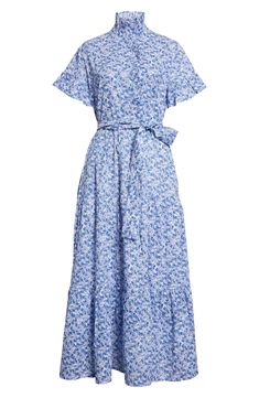 This elegant short-sleeve dress is defined by elegant details like its fluttery ruffle sleeves and flattering tie around the waist. 54" length (size Medium) Unlined, except Emerald Bouquet is partially lined 100% cotton Dry clean or hand wash, line dry Imported Short Sleeve Cotton Dress With Ruffles, Fitted Cotton Ruffle Dress With Short Sleeves, Summer Short Sleeve Midi Dress With Ruffles, Summer Midi-length Short Sleeve Dress With Ruffles, Summer Midi Short Sleeve Dress With Ruffles, Elegant Cotton Ruffle Dress For Spring, Short Sleeve Belted Dress For Garden Party, Short Sleeve Midi Dress With Tie Waist For Brunch, Cotton Midi Dress With Ruffles And Short Sleeves