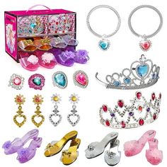 The 20-piece full pretend play dress-up set included 2 royal crowns in both gold and silver colors with gems and rubies embedded, 4 different color princess heel shoes that fit any outfit for any occasion, and royalty jewelry accessories such as a pair of bracelets, 2 pairs of earrings and a set of 4 rings to finish off every beautiful fairytale fantasy queen look for girls ages 3+! Color: Multicolor. Royal Princess Dress, Fairytale Queen, Royalty Jewelry, Princess Heels, Princess Dress Fairytale, Kids Heels, Fantasy Queen, Dress Up Shoes, Imagination Toys