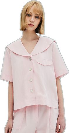 Summer Pink Blouse With Pockets, Pink Collared Cotton Blouse, Pink Short Sleeve Tops With Placket, Pink Short Sleeve Top With Striped Collar, Preppy Pink Collared Top, Pink Collared Top With Striped Collar, Pink Preppy Tops For Workwear, Pink Collared Top With Buttons, Cotton Sailor Collar Top For Work