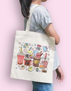 a woman carrying a tote bag with various items on it