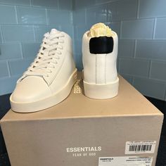 White! Essentials Fear Of God! Never Worn, With Box And Dust Bag! White High-top Sneakers With Textured Sole For Everyday, White High-top Sneakers With Textured Sole, Everyday White High-top Sneakers With Textured Sole, Everyday High-top Sneakers With Round Toe And Branded Insole, Modern High-top Sneakers With Round Toe, Everyday High-top Sneakers With White Sole And Round Toe, Everyday High-top Sneakers With Round Toe And White Sole, White High-top Sneakers With Round Toe For Everyday, White High-top Sneakers With Round Toe