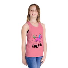 Looking for a magical and trendy addition to your little girl's wardrobe? Our unicorn tank top is just what you need! This tank top is made of high-quality materials that are soft, comfortable, and perfect for your child's sensitive skin. The vibrant unicorn design is sure to catch the attention of anyone around, and the glitter accents add just the right amount of sparkle to make it stand out. Our girl's unicorn tank top features a scoop neckline, a racerback design, and a relaxed fit that is perfect for any occasion. Whether you're looking for a top for a birthday party or a casual outing, this tank top will make your child stand out from the crowd.  This unicorn tank top is perfect for any season and any occasion. Your little girl will love wearing it to the park, the beach, or even to Pink Graphic Print Fun Tank Top, Pink Unicorn Print Top For Summer, Playful Cotton Unicorn Print Top, Playful Pink Unicorn Print Top, Pink Cotton Unicorn Print Top, Playful Pink Cotton Tank Top, Pink Cotton Tops With Unicorn Print, Pink Cotton Top With Unicorn Print, Fun Pink Cotton Tank Top