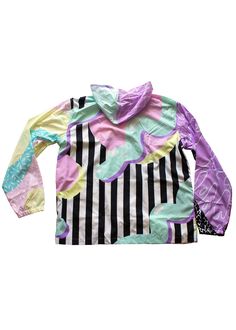 The Concept part of the SOPHOMORIC collection, this new windbreaker is a real show stopper. featuring bold bright rainbow stripes, memphis group inspired prints, grids, stripes, and everything nice...all pastel/bright color enthusiasts as well as lovers of bright alternative fashions like fairy kei or decora are sure to love this windbreaker! Details this windbreaker is made out of a soft, slick polyester that lightly repels water and adds an extra light layer of warmth for breezy fall and sprin Hooded Graphic Print Spring Windbreaker, Hooded Graphic Print Windbreaker For Spring, Hooded Windbreaker With Graphic Print For Spring, Spring Hooded Fun Outerwear, Spring Fun Hooded Outerwear, Fun Hooded Spring Outerwear, 90s Inspired Spring Streetwear Outerwear, Pink Retro Windbreaker For Streetwear, Retro Pink Windbreaker For Streetwear