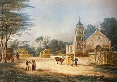 an old painting of people and horses in front of a church