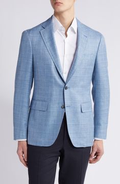 Woven in a mélange of pale blues, this sport coat crafted from wool, silk and linen features traditional detailing and smartly elevates any semiformal look. 30" length (size 54EU) Notched lapels Nonfunctional four-button cuffs Cuff buttons may not be attached. Jackets purchased at full price can have the sleeve length customized for free at your local Nordstrom Chest welt pocket; front flap pockets Lined 68% wool, 20% silk, 12% linen Dry clean Made in Italy Mens Blue Sport Coat Outfit, Light Blue Notch Lapel Blazer For Business Casual, Light Blue Blazer For Business Casual Spring, Light Blue Blazer For Business Casual In Spring, Blue Linen Blazer For Semi-formal Occasions, Blue Linen Sport Coat With Welt Pockets, Light Blue Notch Lapel Blazer For Office, Classic Blue Linen Sport Coat, Light Blue Single Breasted Blazer For Business Casual