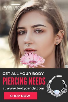 a woman holding a flower in her mouth with the text body jewelry 25 % off use code