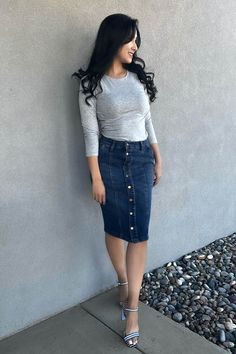 Modest Denim Skirts, Jean Pencil Skirt, Stretch Denim Skirt, Knee Length Pencil Skirt, Knee Length Skirt Pencil, Denim Pencil Skirt, Jean Skirt, Metal Buttons, Skirt Length