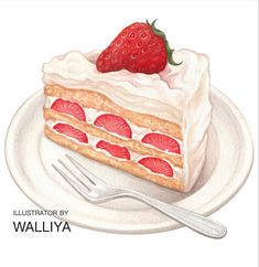 a drawing of a piece of cake with strawberries on top and a fork next to it