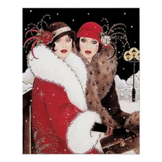 two women dressed as santa claus in the snow