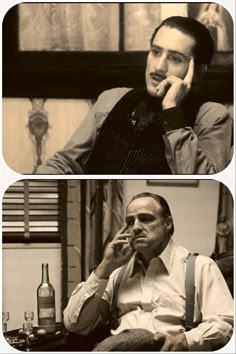 two different shots of a man sitting in a chair talking on the phone and holding his hand up to his ear