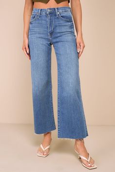 Medium Wash Jeans - Wide-Leg Jeans - High-Rise Denim Jeans - Lulus Mid-rise Washed Blue Cotton Flare Jeans, Summer Washed Blue Flare Jeans With Frayed Hem, Casual High Rise Indigo Flare Jeans, Washed Blue Cotton Cropped Jeans For Fall, Fall Washed Blue Cropped Cotton Jeans, Fall Washed Blue Cotton Cropped Jeans, High Rise Cropped Cotton Jeans With Frayed Hem, Blue Mid-rise Relaxed Fit Cropped Jeans, Dark Wash Washed Cropped Jeans