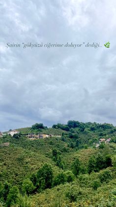 a hill with trees and bushes on the side, under a cloudy sky above it