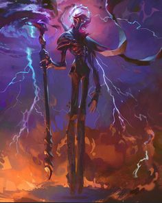 a painting of a man holding two swords in front of a purple sky with lightning