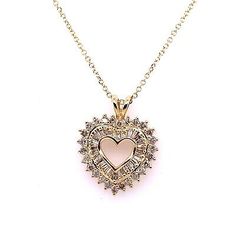 14K yellow gold diamond heart necklace. The heart pendant contains 26 round diamonds and 32 baguette diamonds. Spring ring clasp. Professionally polished and cleaned - excellent condition. Gold Diamond Heart Necklace, Heart Necklace Diamond, Baguette Diamond, Diamond Heart, Fine Jewellery Necklace, Spring Rings, Heart Necklace, Heart Pendant, Round Diamonds