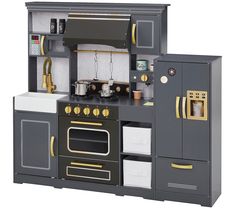 a toy kitchen with an oven, stove and sink