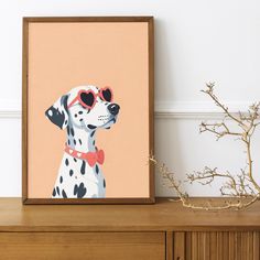 a painting of a dalmatian dog wearing sunglasses and a bow tie on top of a dresser