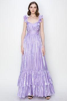 Lavender Shimmery Woven Ruffle Shoulder Tiered Maxi Dress Elegant Lavender Maxi Dress With Ruffles, Fitted Lavender Midi Dress With Ruffles, Purple Ruffled Midi Dress For Garden Party, Lavender Midi Dress With Ruffles, Chic Lavender Midi Dress With Ruffles, Feminine Lavender Maxi Dress With Ruffles, Lavender Ruffled Dress For Garden Party, Purple Maxi Dress Outfit, Maxi Dress Outfit Summer