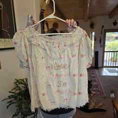 A Soft European Cotton Magnolia Pearl Hand Embroidered I Love You So Much Top. Beautiful Worn 2 X Pearl Tops, Pearl Pink, Magnolia Pearl, Embroidered Top, Love You So Much, Magnolia, Hand Embroidered, I Love You, Love You