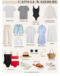 the capsule wardrobe for women in white, blue and red colors with text overlay