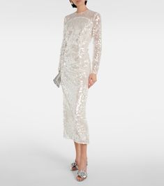 Bridal Amiria sequined gown in white - Emilia Wickstead | Mytheresa Fitted Luxury Evening Dress With Contrast Sequin, Fitted Luxury Sequin Dress, Fitted Sequin Dress For Formal Occasions, Elegant Long Sleeve Nylon Dress, Formal Fitted Sequin Dress, Party Nylon Dresses With Long Sleeves, White Fitted Sequin Dress For Gala, Luxury Fitted Sequin Dress For Formal Occasions, Luxury Fitted Sequin Formal Dress