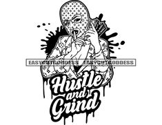 the logo for hustle and grind, which features an image of a person holding a tennis racquet