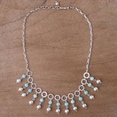 Amazonite and Sterling Silver Waterfall Necklace from Peru - Queen Beads | NOVICA Sodalite Necklace, Waterfall Necklace, Amazonite Necklace, Jewelry Board, Necklace Beads, Jewelry Boards, Jewelry Packaging, Necklace Sizes, Jewelry Gift Box