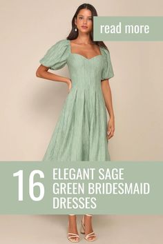 a woman in a green dress with the text, 16 elegant sage green bridesmaid dresses