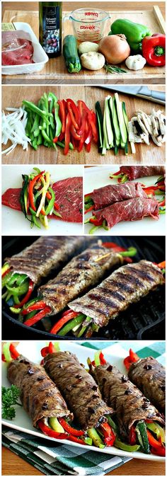 the process of cooking steaks and vegetables is shown in three different stages, including being grilled
