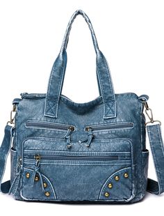 Women's Denim Blue Multi-Pocket Tote Bag - Casual Large Capacity Shoulder Bag for Daily Use and Travel 2024 - $29.99 Denim Blue Bags With Zipper Pocket For On-the-go, Denim Blue Shoulder Bag With Pockets For On-the-go, Denim Shoulder Bag With Zipper For Travel, Denim Blue Shoulder Bag With Pockets For Travel, Travel Denim Blue Shoulder Bag With Zipper, Travel Denim Bag With Zipper Pocket, Blue Satchel With Pockets And Double Handle, Blue Double Handle Satchel With Pockets, Blue Shoulder Bag With Multiple Pockets For Everyday Use