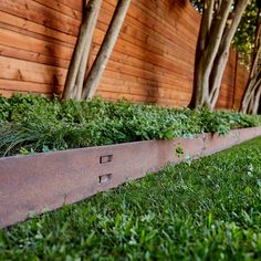 a long metal planter filled with lots of green plants next to a wooden wall