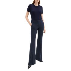 Theory "Demitria" Good Wool pants. Approx. measurements:  35" inseam; 22" leg opening; 10" front rise; 15" back rise, size 8. Mid rise; darts at back. Side slip pockets; back welt pockets. Fitted through straight legs. Full length hem. Hook/zip fly; belt loops. Wool/spandex. Care note:  Do not wash, bleach, or tumble dry. Cool iron if needed. Dry clean with any solvent except trichloroethylene. Imported. Business Casual Wide Leg Slim Fit Pants, Business Casual Slim Fit Wide Leg Pants, Wide Leg Slim Fit Pants For Business Casual, Stretch Wide-leg Formal Pants, Fitted Elastane Pantsuit, Stretch Wide Leg Full-length Pants With Welt Pockets, Fitted High-waisted Elastane Pantsuit, Fitted High-waisted Wide Leg Pants For Office, Fitted Full-length Leather Pants