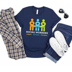 "Calling all Social Workers. This is the perfect shirt for you to recognize National Social Work Month. This graphic tee is everything you've dreamed of and more. It feels soft and lightweight, with the right amount of stretch. It's comfortable and flattering for both men and women. Multiple color and size options, see drop down menu in listing for available colors and the size chart is listed below. If you have any questions about sizing or colors, please feel free to message me! PLEASE READ: T Blue Crew Neck T-shirt For Labor Day, Cotton Workwear Tops With Logo Print, Graphic Print Crew Neck T-shirt For Work, Labor Day Relaxed Fit Crew Neck T-shirt, National Social Work Month, Social Worker Tshirt, Social Worker Outfits, Worker Aesthetic, Work T Shirt