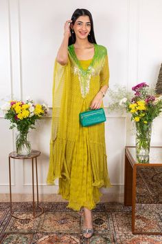 Lemon green kaftan with matchstix print and ombre sequin embroidered yoke. Paired with spaghetti dress. - Aza Fashions Designer Sequined Maxi Sets, Summer Green Georgette Anarkali Set, Green Georgette Anarkali Set For Summer, Maxi Length Georgette Sets With Sequins, Maxi Length Sequined Georgette Sets, Summer Festive Pista Green Dress, Yellow Georgette Dress With Mirror Work, Bohemian Georgette Maxi Sets, Green Sequined Palazzo Set For Eid