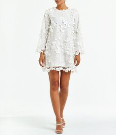 Mestiza New York 3D Floral Lace Embellished Mesh Crew Neck Long Flare Sleeve Shift Mini Dress | Dillard's Sheer Sleeved Lace Mini Dress, Sheer Sleeve Mini Lace Dress, Mini Lace Dress With Sheer Sleeves, Embellished Lace Mini Dress, Elegant Floral Applique Lace Dress For Spring, Spring Lace Dress With Sheer Sleeves, Feminine Lace Dress With Sheer Sleeves, Evening Lace Dress With Floral Applique, Lace Cocktail Dress With Floral Applique