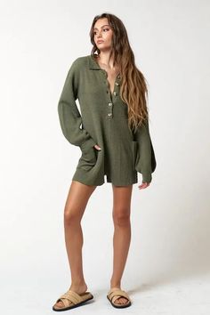 Product Details: ❥ Color: Olive ❥ Comfy cozy sweater knit romper ❥ Collared neckline ❥ Button up front ❥ Long sleeves ❥ Side pockets ❥ Relaxed ❥ Fabric Content: 60% Cotton / 40% Acrylic Bump Outfits, Sweater Romper, Crochet Cozy, Knit Romper, Knitted Romper, Button Up Long Sleeve, Cozy Sweater, Comfy Cozy, Sweater Knit