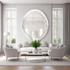 a living room filled with furniture and a round mirror