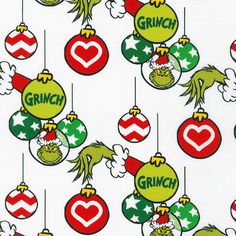 an image of christmas ornaments with grinch on them and the word grinch hanging from strings