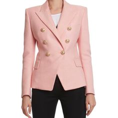 Pale Pink Wool Blazer - Structured Shoulders- Double-Breasted Closure- Six Embossed Gold-Tone Buttons- Two Flap Pockets And One Flat Chest Pocket 100% Cotton,Color Is Pale Pink Luxury Pink Blazer With Double Button Closure, Luxury Pink Blazer With Button Closure, Luxury Pink Outerwear With Buttons, Designer Pink Blazer For Workwear, Designer Pink Blazer For Work, Designer Pink Blazer For Office, Luxury Pink Double-breasted Blazer, Luxury Pink Blazer With Buttons, Designer Pink Double-breasted Outerwear