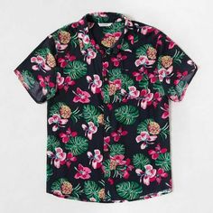 This is a brand new w/tags Men's 100% Rayon Hawaiian style shirt. It's black with a brilliantly colored pink, green and yellow tropical floral and pineapples design. It is a Men's Size XXL. The brand is "PatPat" and it was Made in China. Please check your measurements for a proper fit. The chest measures 53 inches around at the armpit and from shoulder to bottom measures 31 inches long. The measurements were taken with the item laying flat. If you have any questions, please email me and I'll do Casual Multicolor Floral Print Short Sleeve Shirt, Casual Multicolor Short Sleeve Shirt With Floral Print, Casual Camp Shirt With Floral Print, Casual Camp Shirt With Floral Print And Camp Collar, Hawaiian Floral Print Cotton Camp Shirt, Black Printed Hawaiian Shirt For Summer, Casual Printed Hawaiian Shirt With Camp Collar, Casual Floral Print Camp Shirt, Multicolor Casual Hawaiian Shirt With Hibiscus Print