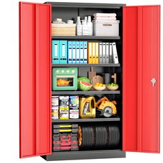 a red storage cabinet filled with lots of items