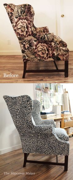 the before and after of an upholstered chair with floral fabric on it's back