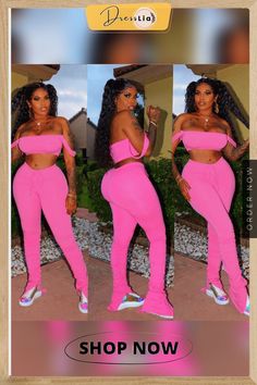 Sexy Strapless Crop Top and Long Stack Pants 2 Pieces Set Trendy Pink Two-piece Bottoms Set, Pink Fitted Bandeau Bottoms, Trendy Two-piece Set Bottoms For Night Out, Stack Pants, Strapless Crop Top, 1 Million, Ladies Tops Fashion, Crop Top, Shop Now