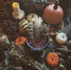 a table topped with lots of different types of pumpkins and other autumn decor items