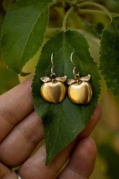 Solid (not plated) raw brass golden apples dangle from solid sterling silver ear hooks. These handcrafted brass apple earrings are very light weight and playful. A great way to get in the crisp mood of autumn. In ancient mythology, the apple is one of the most sacred trees and symbolises good health and future happiness. Since ancient times it has also been known as the 'Tree of Love' and is associated with Aphrodites, goddess of love. The apple is also known as a symbol of knowledge, wisdom, and education. Which can make these earrings a great gift for a favorite teacher.   A patina has been hand added and buffed to bring depth to the texture and add to the style.  Comfortable and very light weight: Each Earrings weights approximately .04 oz (1.1g) each.  ✦ C A R E - I N S T R U C T I O N Fall Earring, Apple Jewelry, Maximalist Jewelry, Teacher Jewelry, Apple Earrings, Autumn Jewelry, Fruit Jewelry, Gold Apple, Ancient Mythology