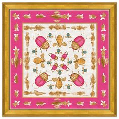 a pink and gold square scarf with two bugs on the front, surrounded by flowers