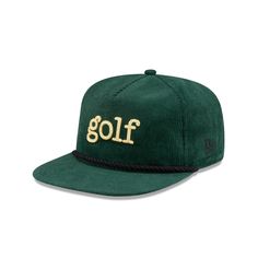 a green hat with the word golf embroidered on it, and gold lettering in white