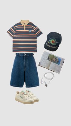 90 Inspired Outfits Summer, Summer 80s Outfits Men, Vintage Outfits Men 90s Summer, Levi Shorts Outfit Summer Vintage, Outfits With Long Shorts, Boys 90s Outfit Ideas, Men’s 80s Fits, Trans Guy Outfits Summer, Masculine Summer Outfit